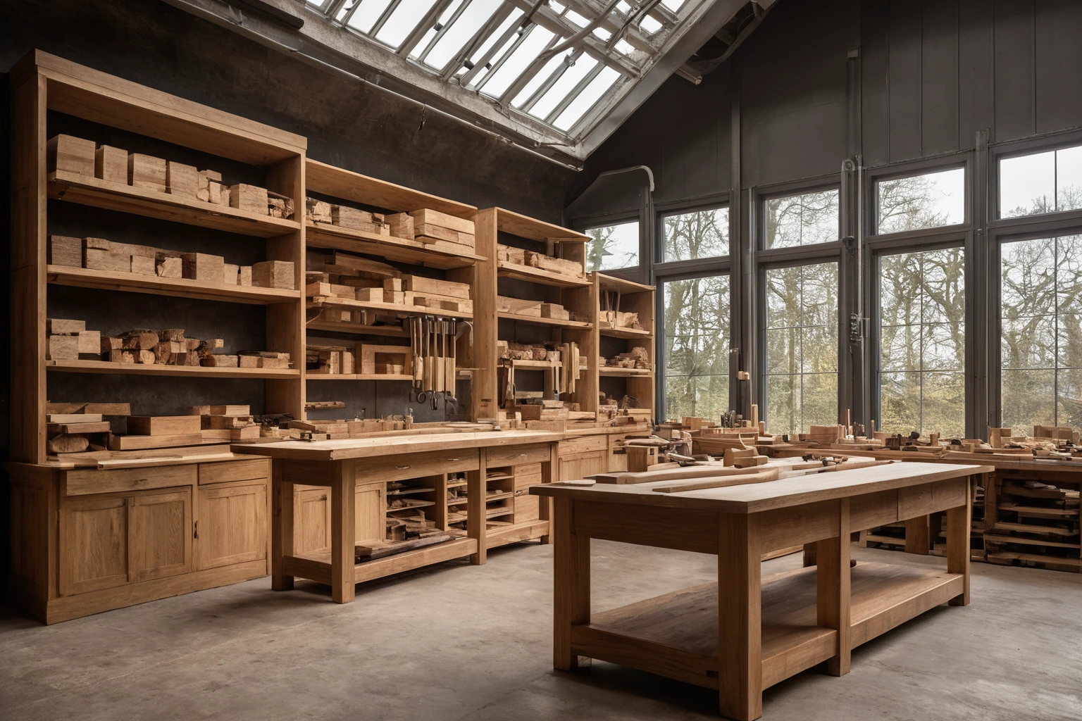 Artisan joinery workshop with solid timber workbenches, a clamped walnut cabinet frame and hand tools