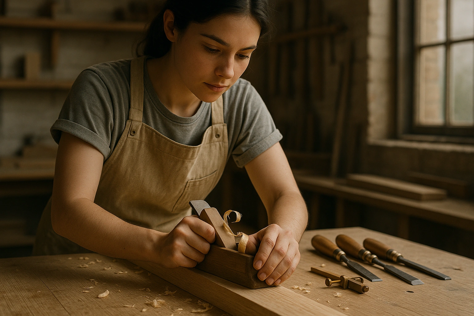 A young apprentice joiner hand-planing the edge of an oak board with a wooden smoothing plane at a workbench
