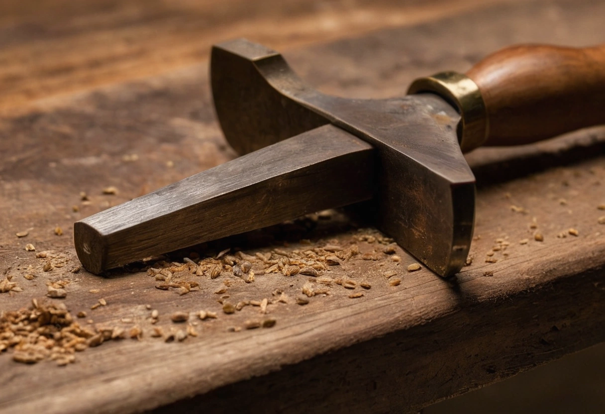 Traditional woodworking hand tools and wood shavings on a worn workbench