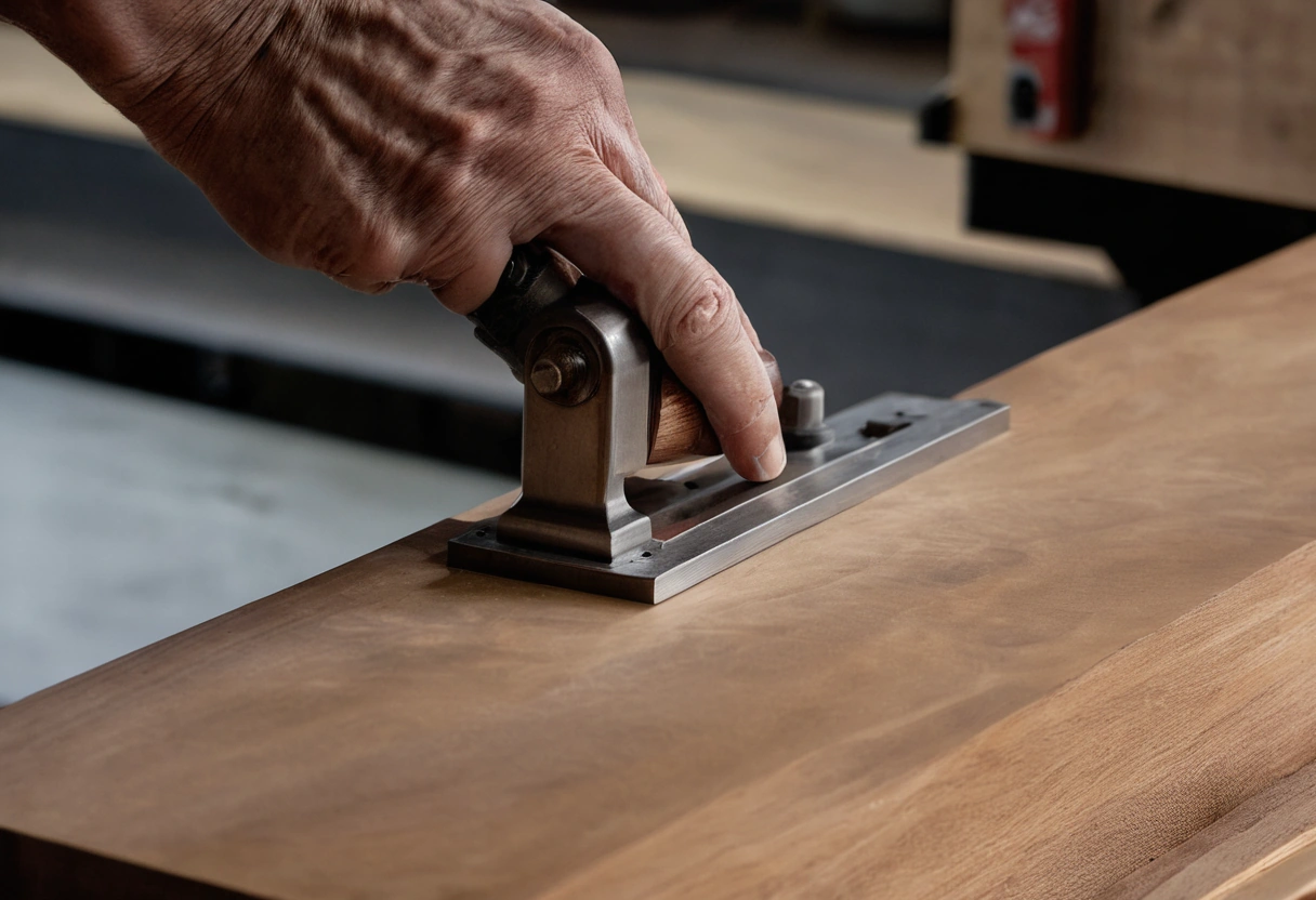 A bespoke walnut cabinet frame held in steel sash clamps during glue-up on a workshop bench