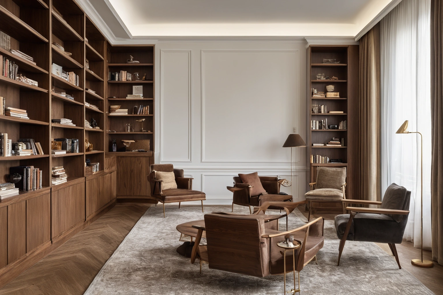 A finished bespoke walnut library wall with fitted joinery and brass hardware in an Italian interior