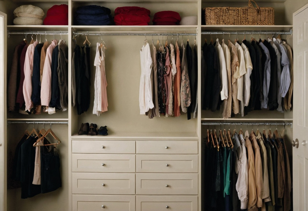 Worked hanging-inch calculations reveal the capacity of 4-, 5-, 6-, and 8-foot closets editorial visual